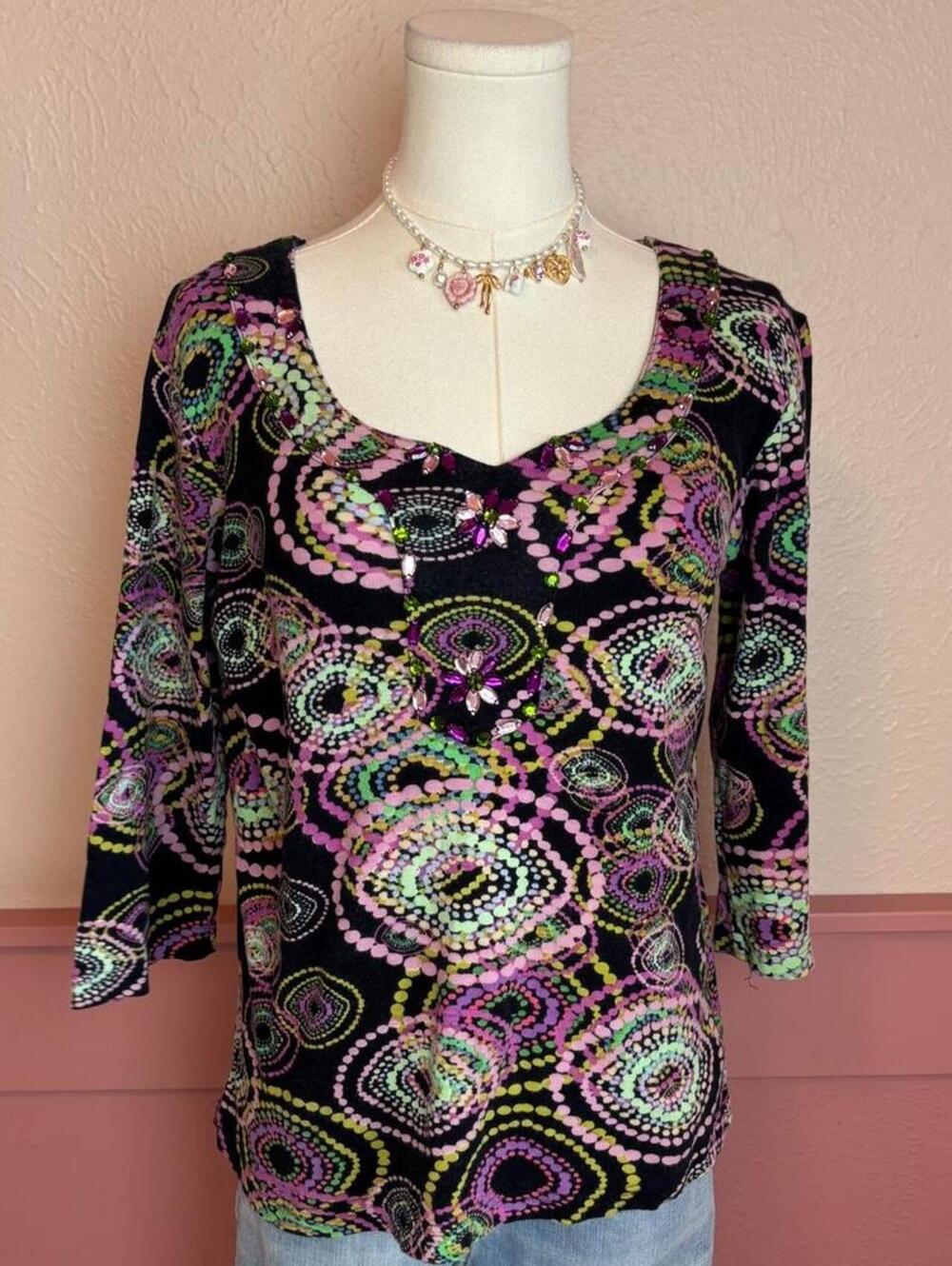 early 2000s gem top  carrie allen sz medium black pink cotton 2010s y2k